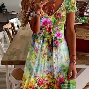 Multicolor Flower Short Sleeve Summer Dress 2XL